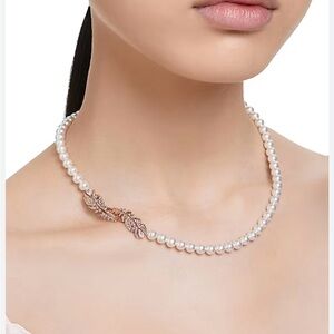 Swarovski Pearl Necklace with Rose Gold Leaf Accent
